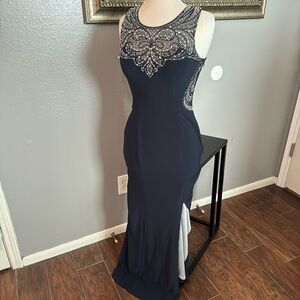 Betsy & Adam Navy Blue Lace Maxi Dress